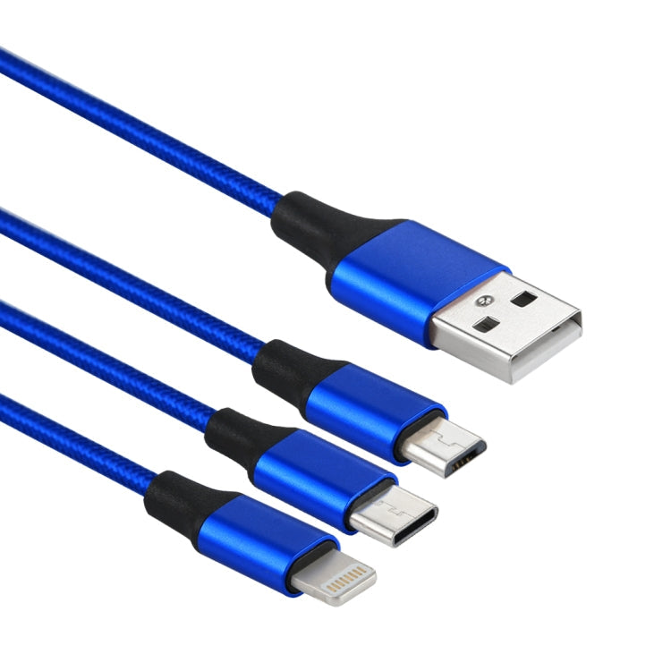 2A 1.2m 3 en 1 USB a 8 Pines y USB-C / Type-C y Micro USB Cable de Carga de tejido de Nylon Para iPhone / iPad / Galaxy / Huawei / Xiaomi / LG / HTC / Meizu y otros Teléfonos Inteligentes (Azul)