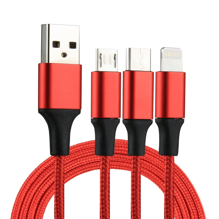 2A 1.2m 3 in 1 USB to 8 Pin &amp; USB-C / Type-C &amp; Micro USB Nylon Fabric Charging Cable For iPhone / iPad / Galaxy / Huawei / Xiaomi / LG / HTC / Meizu and other Smartphones (Red )