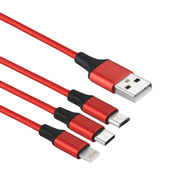 2A 1.2m 3 en 1 USB a 8 Pines y USB-C / Type-C y Micro USB Cable de Carga de tejido de Nylon Para iPhone / iPad / Galaxy / Huawei / Xiaomi / LG / HTC / Meizu y otros Teléfonos Inteligentes (Rojo)