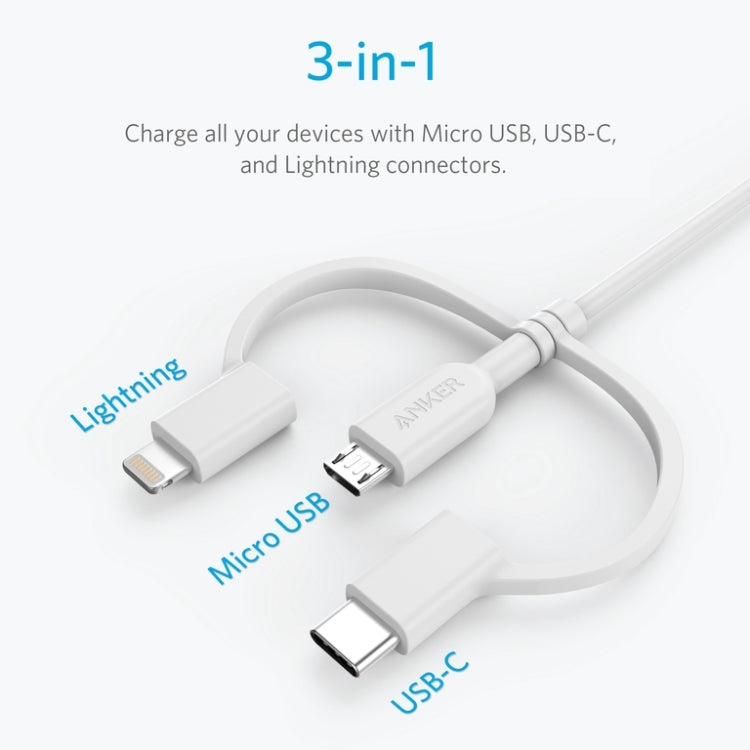 Anker 3 en 1 8 pin + Micro USB + USB-C / Type-C Interfaz Cable de Datos Certificado MFI (Blanco)
