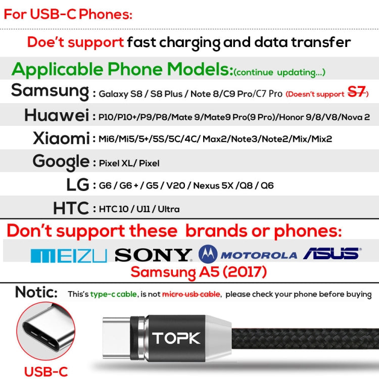 TOPK 1m 2.4A Max USB a USB-C / Type-C Cable de Carga Magnético trenzado de Nylon con indicador LED (Negro)