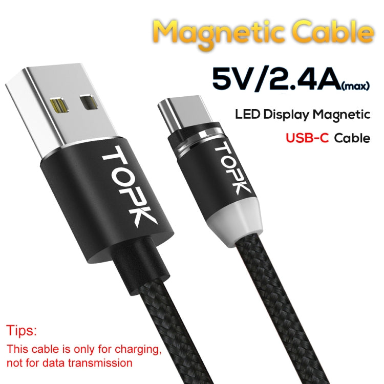 TOPK 1m 2.4A Max USB a USB-C / Type-C Cable de Carga Magnético trenzado de Nylon con indicador LED (Negro)