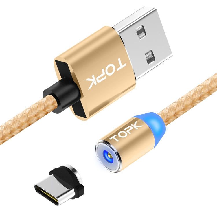 TOPK 1m 2.4A Max USB a USB-C / Type-C Cable de Carga Magnético trenzado de Nylon con indicador LED (Dorado)