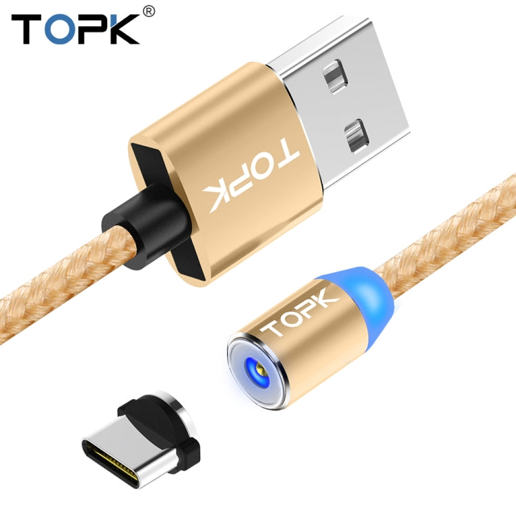 TOPK 1m 2.4A Max USB vers USB-C / Type-C Câble de Charge Magnétique Tressé en Nylon avec Indicateur LED (Or)