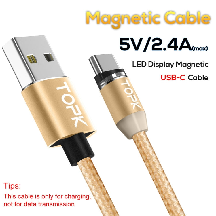TOPK 1m 2.4A Max USB a USB-C / Type-C Cable de Carga Magnético trenzado de Nylon con indicador LED (Dorado)