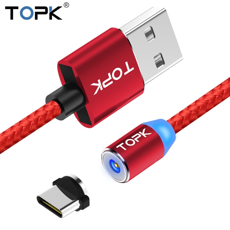 TOPK 1m 2.4A Max USB a USB-C / Type-C Cable de Carga Magnético trenzado de Nylon con indicador LED (Rojo)