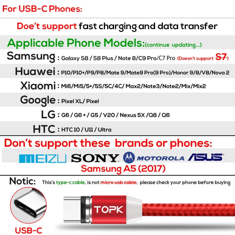 TOPK 1m 2.4A Max USB a USB-C / Type-C Cable de Carga Magnético trenzado de Nylon con indicador LED (Rojo)