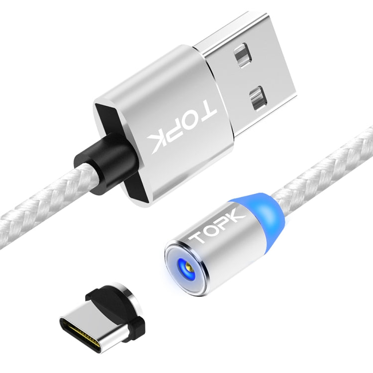 TOPK 1m 2.4A Max USB a USB-C / Type-C Cable de Carga Magnético trenzado de Nylon con indicador LED (Plateado)