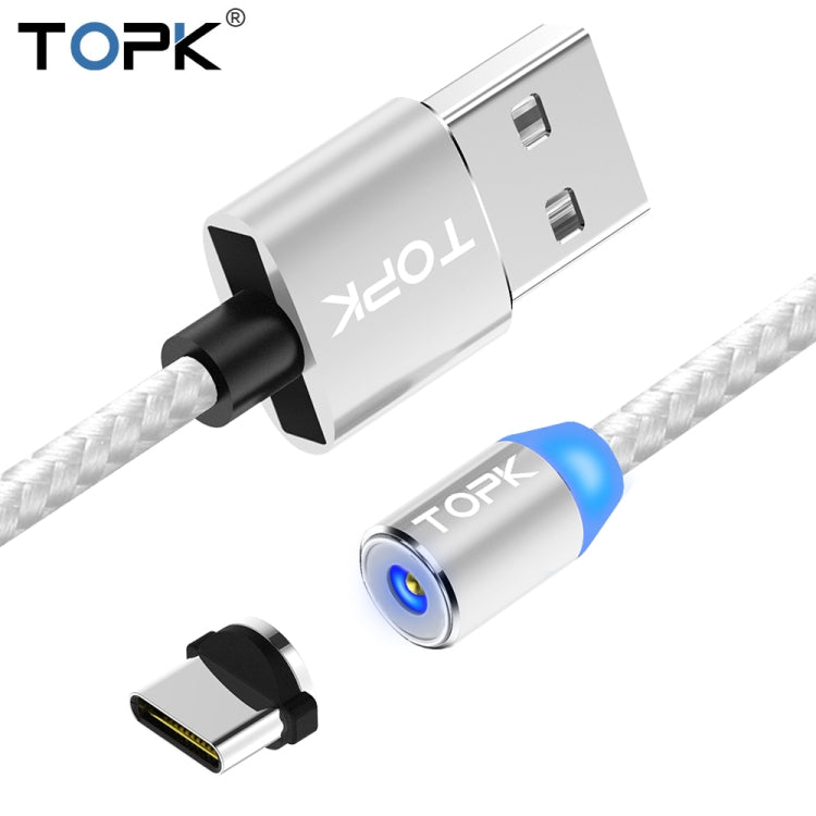 TOPK 1m 2.4A Max USB to USB-C / Type-C Nylon Braided Magnetic Charging Cable with LED Indicator (Silver)