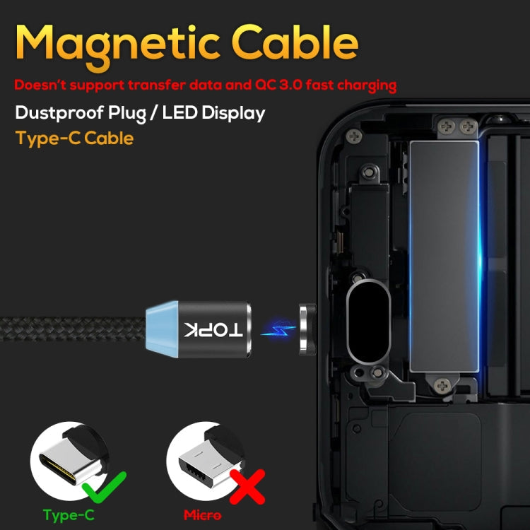 TOPK 2m 2.4A Max USB a USB-C / Type-C Cable de Carga Magnético trenzado de Nylon con indicador LED (Negro)