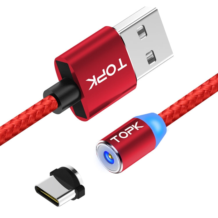 TOPK 2m 2.4A Max USB to USB-C / Type-C Nylon Braided Magnetic Charging Cable with LED Indicator (Red)