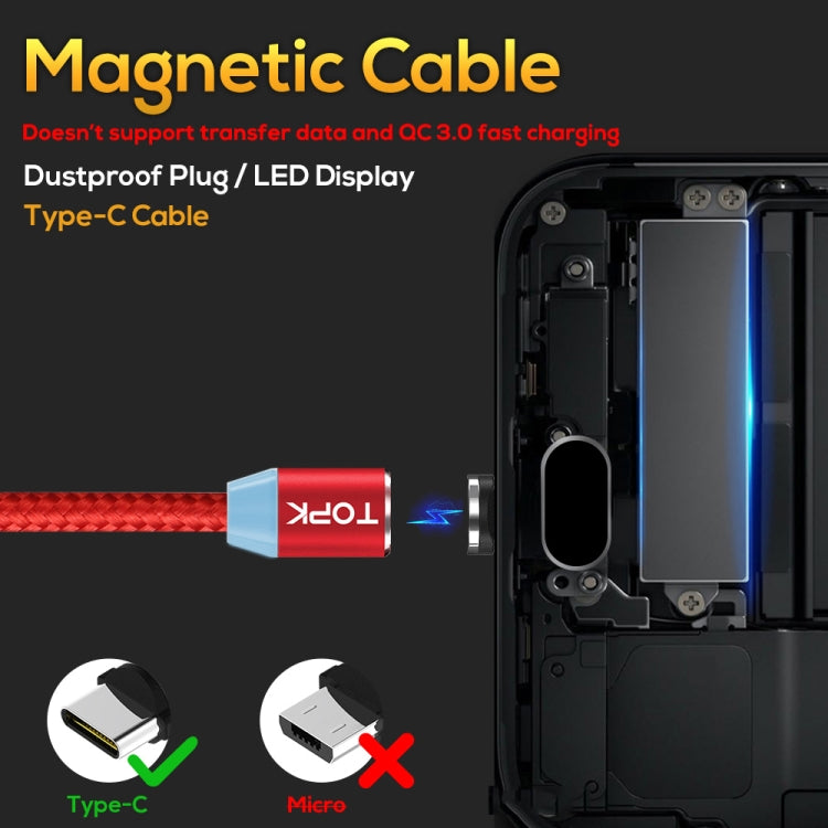TOPK 2m 2.4A Max USB vers USB-C / Type-C Câble de Charge Magnétique Tressé en Nylon avec Indicateur LED (Rouge)