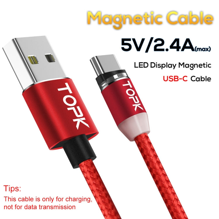 TOPK 2m 2.4A Max USB a USB-C / Type-C Cable de Carga Magnético trenzado de Nylon con indicador LED (Rojo)