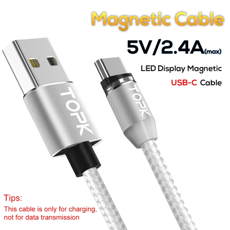 TOPK 2m 2.4A Max USB a USB-C / Type-C Cable de Carga Magnético trenzado de Nylon con indicador LED (Plateado)