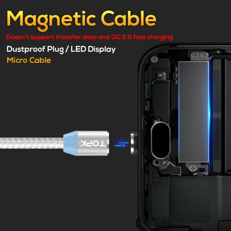 TOPK 1m 2.4A Max USB a Micro USB Cable de Carga Magnético trenzado de Nylon con indicador LED (Plateado)