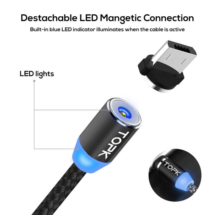 TOPK 2m 2.4A Max USB a Micro USB Cable de Carga Magnético trenzado de Nylon con indicador LED (Negro)