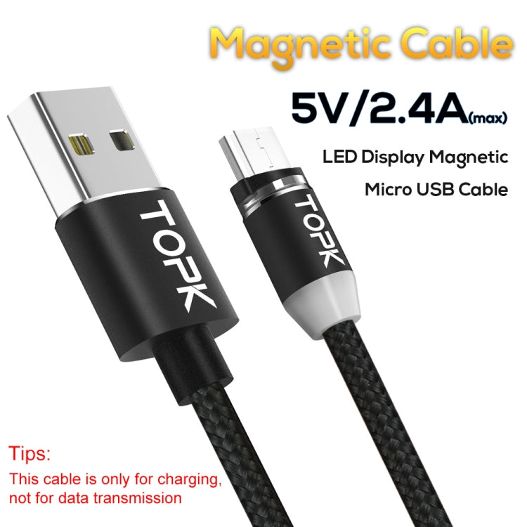 TOPK 2m 2.4A Max USB a Micro USB Cable de Carga Magnético trenzado de Nylon con indicador LED (Negro)