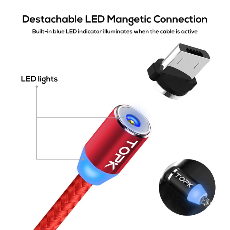 TOPK 2m 2.4A Max USB a Micro USB Cable de Carga Magnético trenzado de Nylon con indicador LED (Rojo)