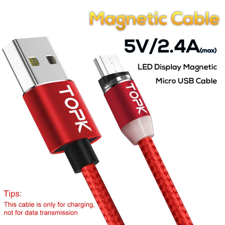 TOPK 2m 2.4A Max USB a Micro USB Cable de Carga Magnético trenzado de Nylon con indicador LED (Rojo)