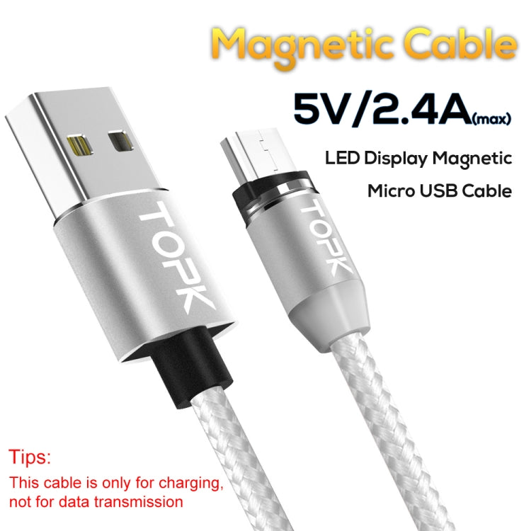 TOPK 2m 2.4A Max USB to Micro USB Nylon Braided Magnetic Charging Cable with LED Indicator (Silver)