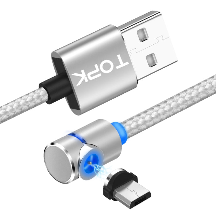 TOPK 1m 2.4A Max USB vers Micro USB Coude à 90 degrés Câble de Charge Magnétique avec Indicateur LED (Argent)