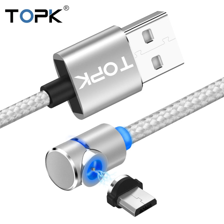 TOPK 1m 2.4A Max USB to Micro USB 90 Degree Elbow Magnetic Charging Cable with LED Indicator (Silver)