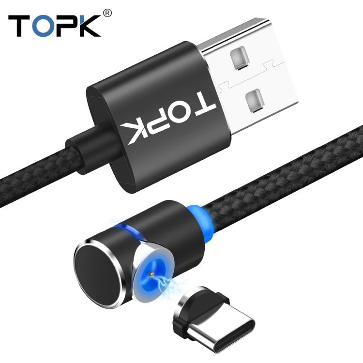 TOPK 1m 2.4A Max USB a USB-C / Type-C Cable de Carga Magnética de codo de 90 grados con indicador LED (Negro)