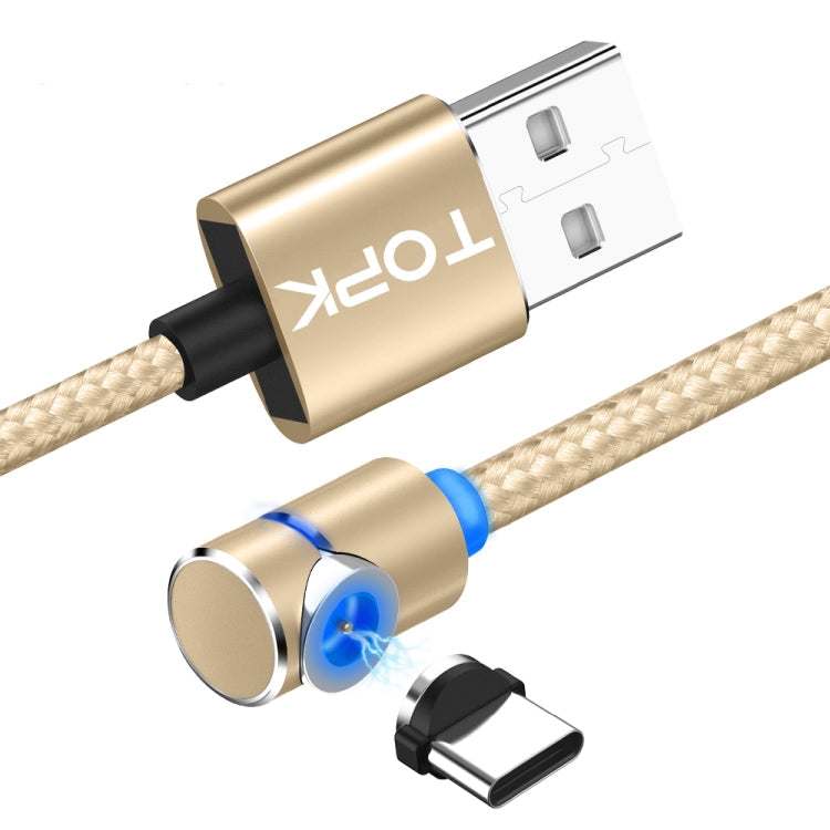 TOPK 1m 2.4A Max USB vers USB-C / Type-C Câble de Charge Magnétique Coudé à 90 Degrés avec Indicateur LED (Or)