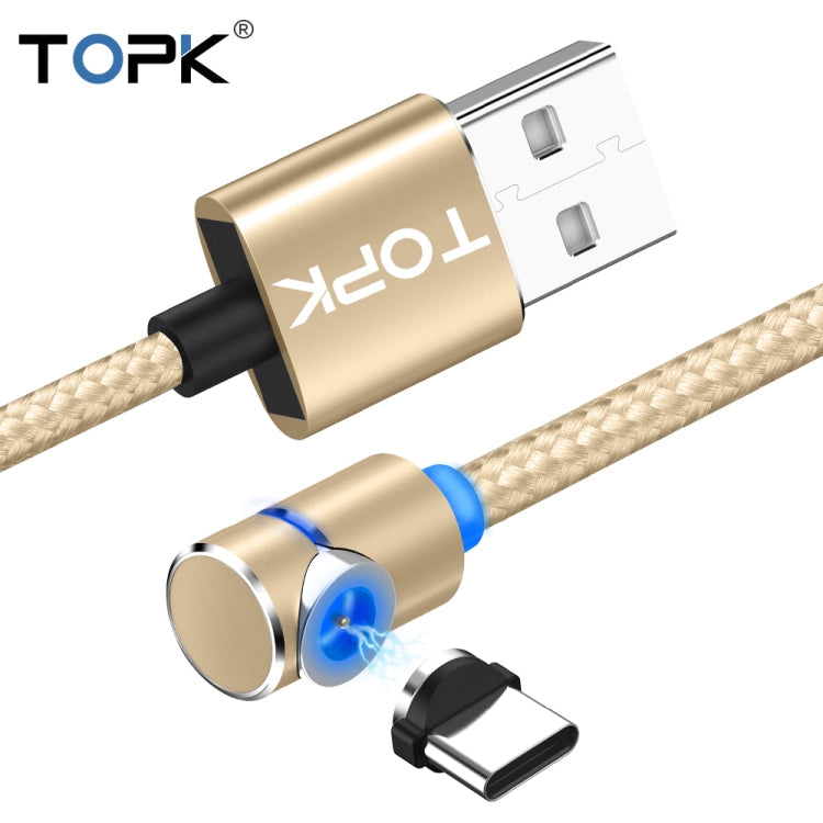 TOPK 1m 2.4A Max USB a USB-C / Type-C Cable de Carga Magnética de codo de 90 grados con indicador LED (Dorado)