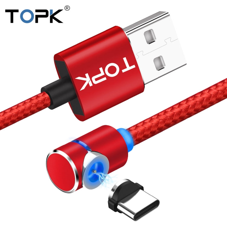 TOPK 1m 2.4A Max USB to USB-C / Type-C 90 Degree Elbow Magnetic Charging Cable with LED Indicator (Red)