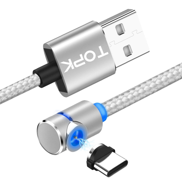 TOPK 1m 2.4A Max USB to USB-C / Type-C 90 Degree Elbow Magnetic Charging Cable with LED Indicator (Silver)