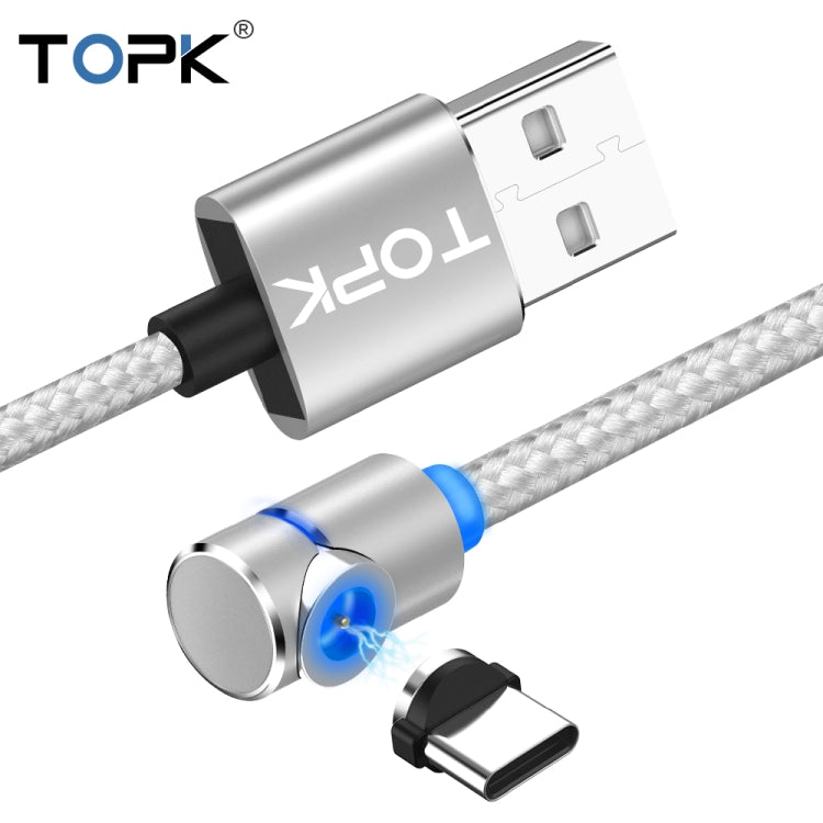 TOPK 1m 2.4A Max USB to USB-C / Type-C 90 Degree Elbow Magnetic Charging Cable with LED Indicator (Silver)