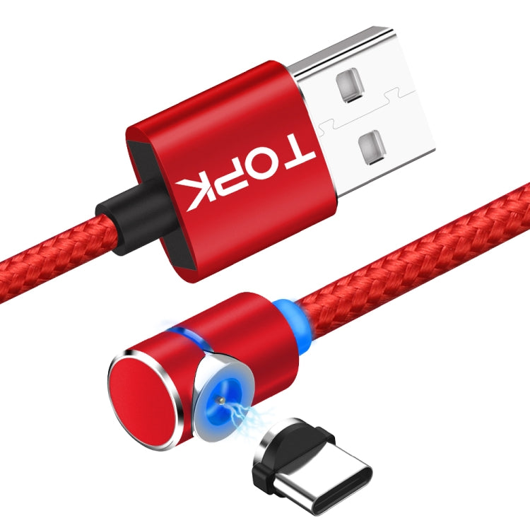 TOPK 2m 2.4A Max USB to USB-C / Type-C 90 Degree Elbow Magnetic Charging Cable with LED Indicator (Red)