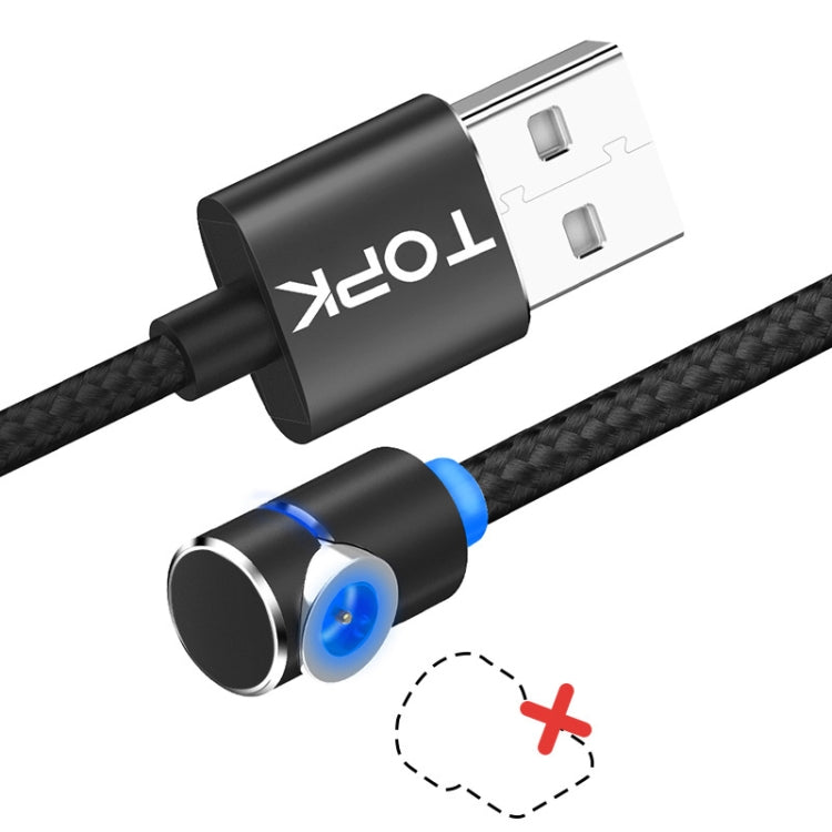 TOPK 2m 2.4A Max Câble de Charge Magnétique USB vers Coude à 90 Degrés avec Indicateur LED sans Prise (Noir)