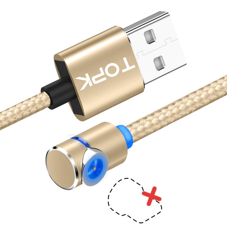 TOPK 2m 2.4A Max Câble de Charge Magnétique USB vers Coude à 90 Degrés avec Indicateur LED sans Prise (Or)