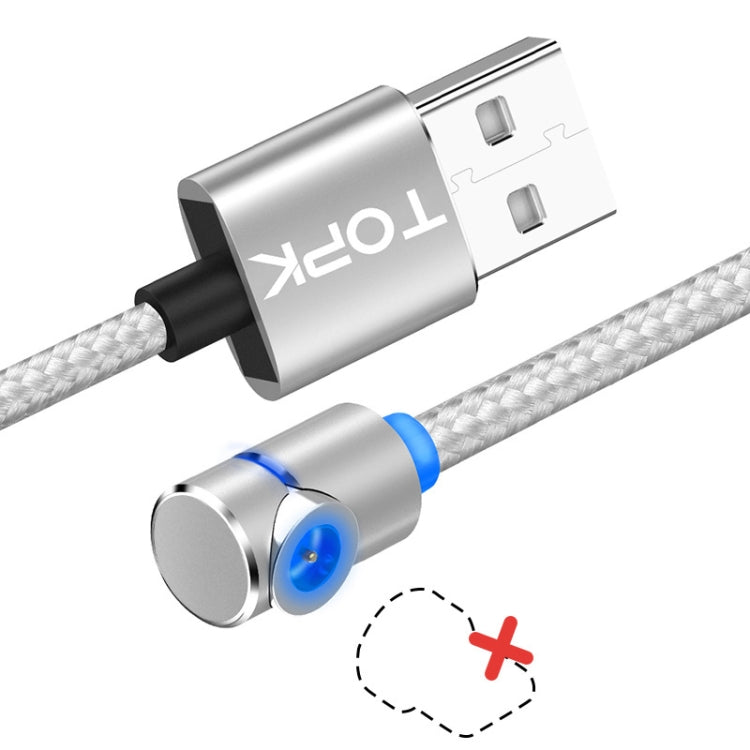 TOPK 2m 2.4A Max USB a Cable de Carga Magnético de codo de 90 grados con indicador LED sin Enchufe (Plateado)