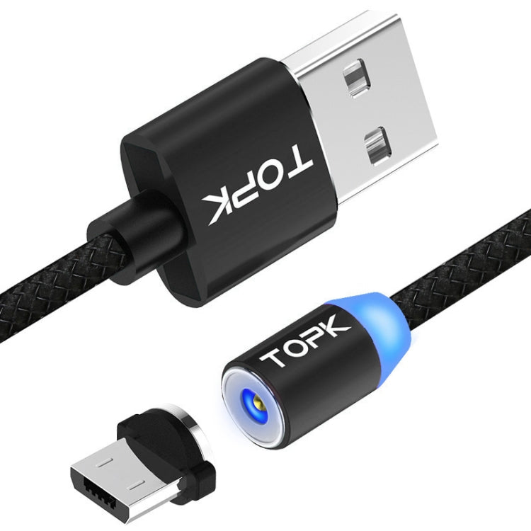 TOPK 1m 2.1A USB to Micro USB Output Mesh Braided Magnetic Charging Cable with LED Indicator (Black)