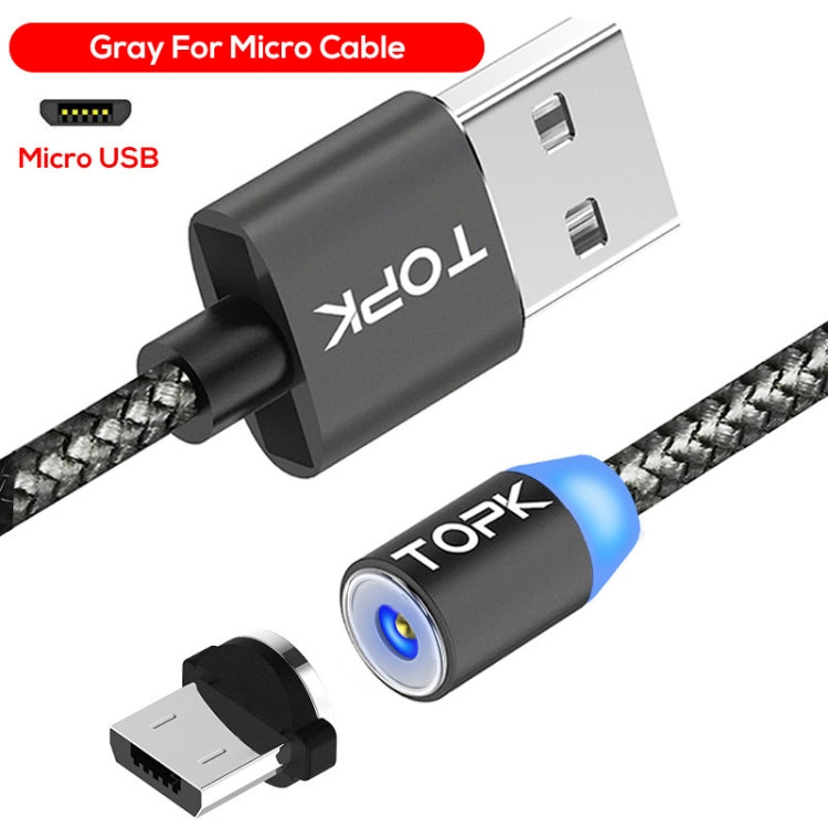 TOPK 2m 2.1A USB to Micro USB Output Mesh Braided Magnetic Charging Cable with LED Indicator (Grey)