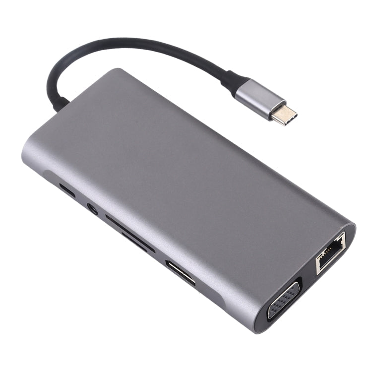 11 en 1 VGA + Puerto LAN + 4 x USB 3.0 + Tarjeta SD / TF + HDMI + Puerto de Audio + Adaptador USB-C / Type-C Hembra a USB-C / Type-C HUB (Gris Oscuro)
