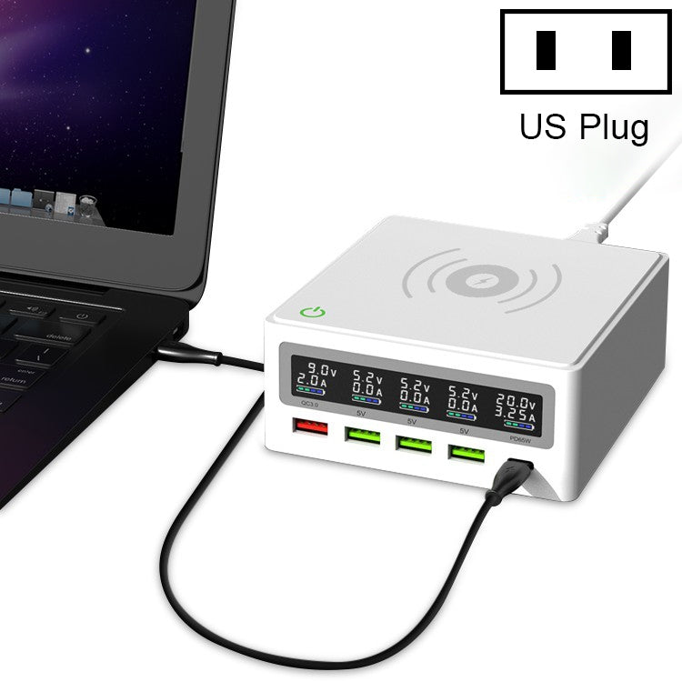 Interfaz USB 6 en 1 QC 3.0 + 3 Puertos USB + Puertos PD 65W + Cargador Multifunción Inalámbrico de Carga Rápida QI con Pantalla LED Enchufe de US (Blanco)