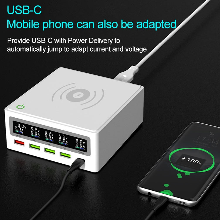 6 in 1 QC 3.0 USB Interface + 3 USB Ports + 65W PD Ports + QI Fast Charging Multifunction Wireless Charger with LED Display US Plug (White)