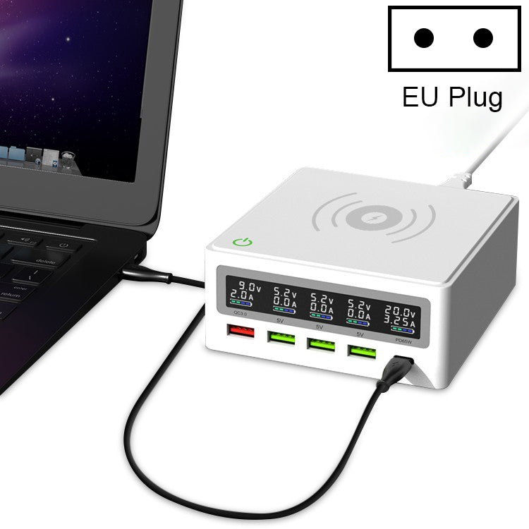 Interfaz USB 6 en 1 QC 3.0 + 3 Puertos USB + Puertos PD 65W + Cargador Multifunción Inalámbrico de Carga Rápida QI con Pantalla LED Enchufe de la UE (Blanco)