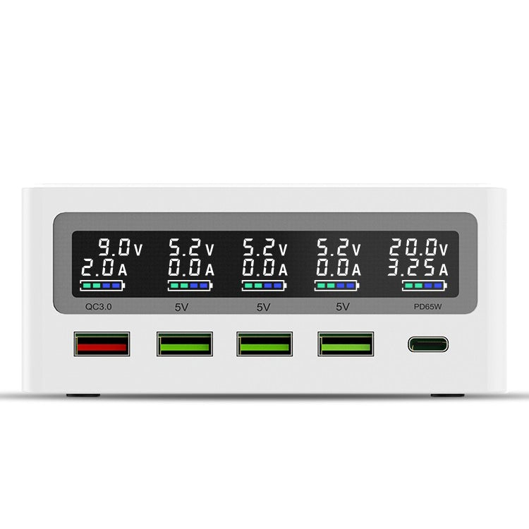 Interface USB 6 en 1 QC 3.0 + 3 ports USB + ports PD 65 W + chargeur sans fil multifonction à charge rapide QI avec affichage LED prise UE (blanc)