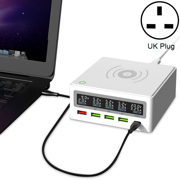 Interfaz USB 6 en 1 QC 3.0 + 3 Puertos USB + Puertos PD 65W + Cargador Multifunción Inalámbrico de Carga Rápida QI con Pantalla LED Enchufe para el Reino Unido (Blanco)