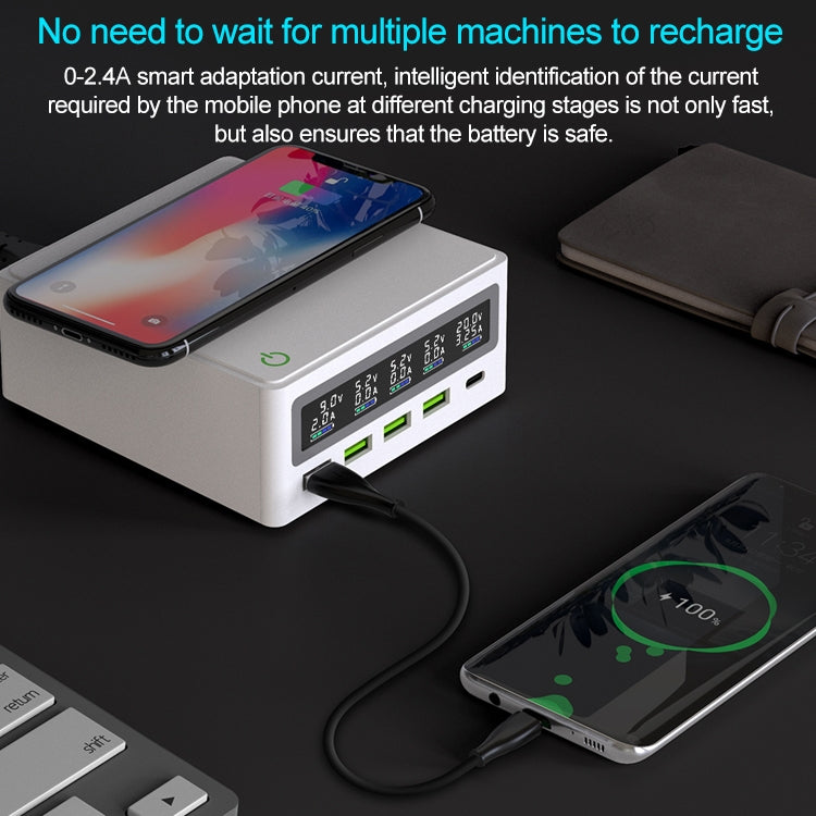 6 in 1 QC 3.0 USB Interface + 3 USB Ports + 65W PD Ports + QI Fast Charging Multifunction Wireless Charger with LED Display AU Plug (White)