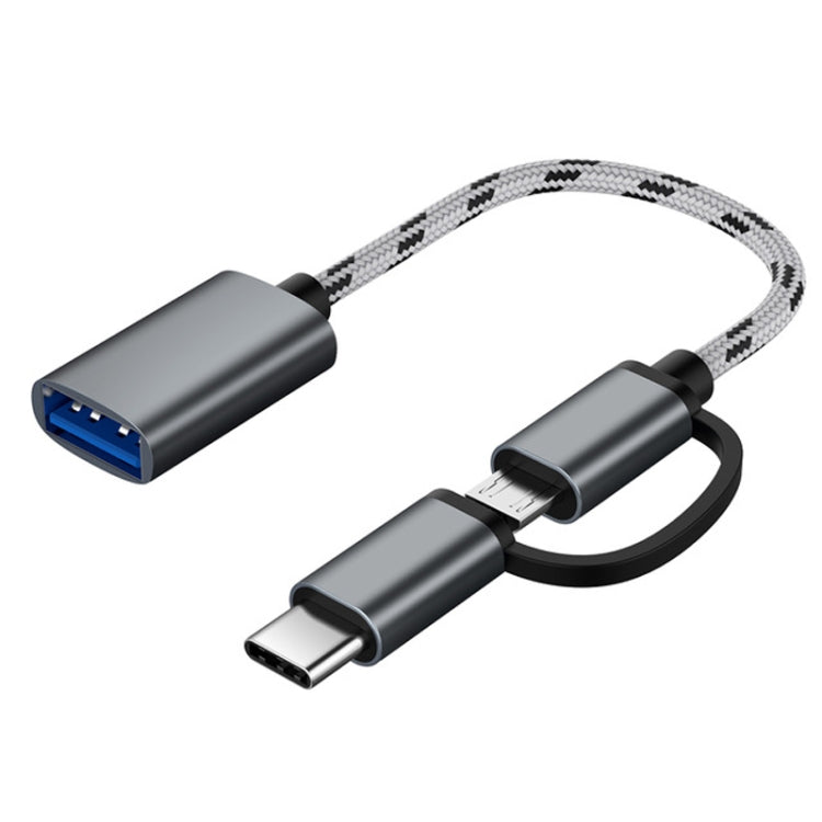 USB 3.0 Hembra a Micro USB + USB-C / Tipo-C Macho Carga + Transmisión Cable Adaptador Trenzado de Nylon OTG Longitud del Cable: 17cm (Gris)