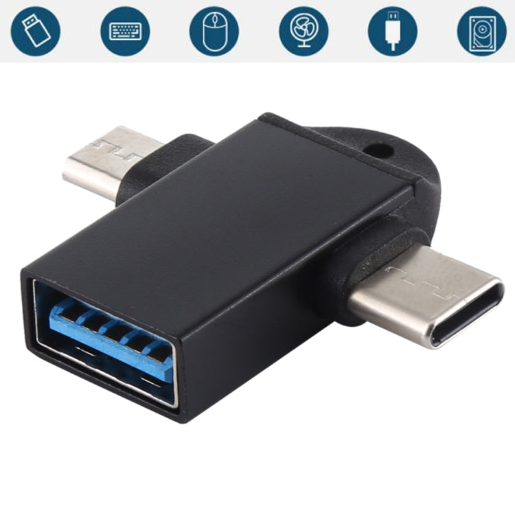 Adaptador OTG Multifunción USB 3.0 Hembra a USB-C / Type-C Macho + Micro USB Macho con orificio para eslinga (Negro)