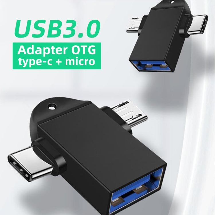 Multifunction USB 3.0 Female to USB-C / Type-C Male + Micro USB Male OTG Adapter with Lanyard Hole (Black)