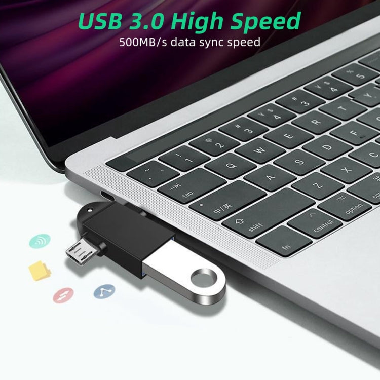 Adaptateur multifonction USB 3.0 femelle vers USB-C / Type-C mâle + Micro USB mâle OTG avec trou pour lanière (noir)