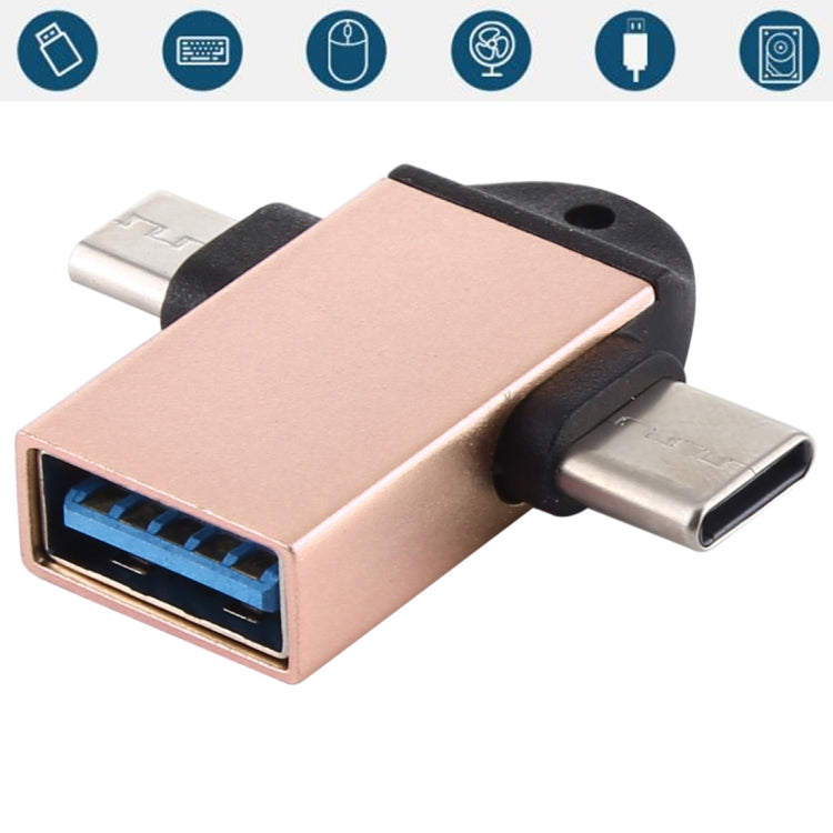 Adaptateur multifonction USB 3.0 femelle vers USB-C / Type-C mâle + Micro USB mâle OTG avec trou pour lanière (or)